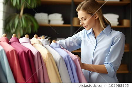 A woman's hands gracefully extend, presenting five freshly dry cleaned shirts to a customer 103968365
