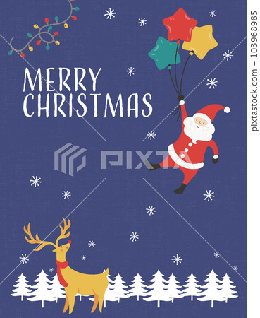 Illustration of a mini Santa and a reindeer flying down with a balloon on Christmas Eve 103968985