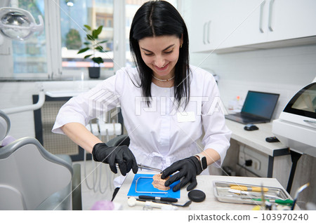 Portrait of a confident experienced woman dentist doctor, dental technician, prosthetic engineer enjoying his professional occupation, working with dental prosthesis in dentistry clinic. Orthodontics. Portrait of a confident experienced woman dentist doctor, dental technician, prosthetic engineer enjoying his professional occupation, working with dental prosthesis in dentistry clinic. Orthodontics. 103970240