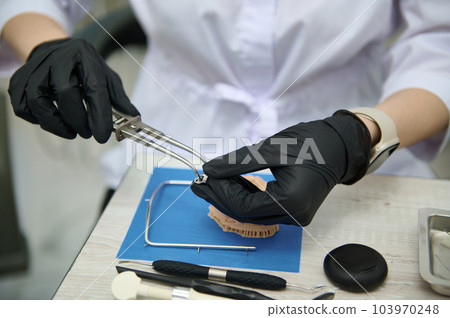 Close-up. Selective focus hands in black surgical gloves of prosthetic engineer, dental technician holding forceps, placing metal crown while working with gypsum cast of human jaw in dentistry clinic Close-up. Selective focus hands in black surgical gloves of prosthetic engineer, dental technician holding forceps, placing metal crown while working with gypsum cast of human jaw in dentistry clinic 103970248