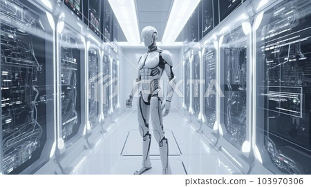 Human-like android white robot in a big data server room Human-like android white robot in a big data server room 103970306