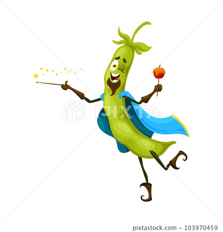 Cartoon Halloween bean mage character. Isolated vector funny Hallowmas veg, blithe green pea pod wizard with magic wand and caramel apple casts sorcery spell. Comic joyous vegetable personage in cape 103970459