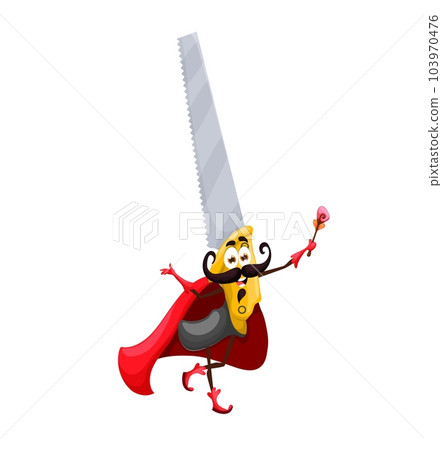 Cartoon Halloween saw tool wizard character. Isolated vector warlock or wiz construction and carpentry instrument dressed in Hallowmas red cape with playful face expression holding magic wand Cartoon Halloween saw tool wizard character. Isolated vector warlock or wiz construction and carpentry instrument dressed in Hallowmas red cape with playful face expression holding magic wand 103970476