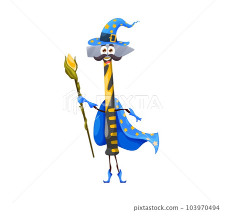 Cartoon Halloween hammer warlock character. Isolated vector construction tool wear cloak and hat with mischievous grin on face. Whimsical witch instrument wields magic staff ready for holiday mischief 103970494