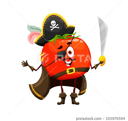 Cartoon Halloween tomato pirate character. Vector ripe vegetable corsair, comic cheerful plant sea dog wear fete filibuster captain clothing, eye patch, buccaneer cocked hat and cape and hold saber Cartoon Halloween tomato pirate character. Vector ripe vegetable corsair, comic cheerful plant sea dog wear fete filibuster captain clothing, eye patch, buccaneer cocked hat and cape and hold saber 103970504