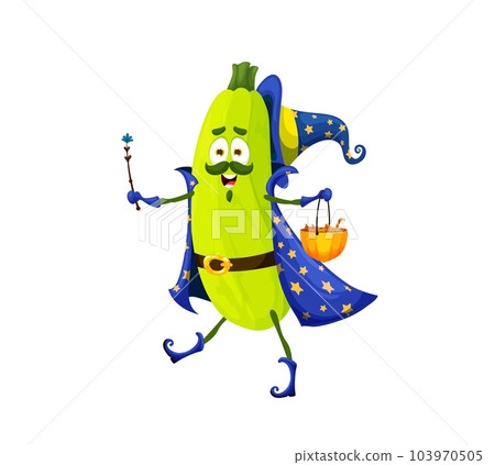 Cartoon Halloween zucchini wizard character. Isolated vector vegetable warlock personage wear sorcerer hat and cape carrying pumpkin bucket for sweets and wand. Mystical veggies trick or treat candies Cartoon Halloween zucchini wizard character. Isolated vector vegetable warlock personage wear sorcerer hat and cape carrying pumpkin bucket for sweets and wand. Mystical veggies trick or treat candies 103970505