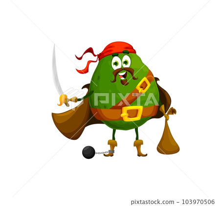 Cartoon Halloween avocado pirate character. Isolated vector vegetable in buccaneer costume, cloak and bandana with cutlass and money sack in hands. Amusing corsair fantasy fairytale captain filibuster Cartoon Halloween avocado pirate character. Isolated vector vegetable in buccaneer costume, cloak and bandana with cutlass and money sack in hands. Amusing corsair fantasy fairytale captain filibuster 103970506