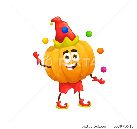 Cartoon Halloween pumpkin clown character. Isolated vector playful pumpkin-headed personage juggle with colorful balls on autumn festival or fair party. Playful funnyman with cheerful face expression Cartoon Halloween pumpkin clown character. Isolated vector playful pumpkin-headed personage juggle with colorful balls on autumn festival or fair party. Playful funnyman with cheerful face expression 103970513