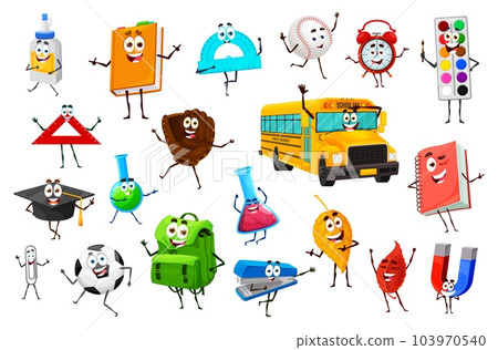 Cartoon funny education stationery characters. Vector glue, textbook, ruler, alarm clock and baseball ball with glove. Paints, school bus, academic cap and glass beaker. Rucksack, fallen leaves, clip Cartoon funny education stationery characters. Vector glue, textbook, ruler, alarm clock and baseball ball with glove. Paints, school bus, academic cap and glass beaker. Rucksack, fallen leaves, clip 103970540