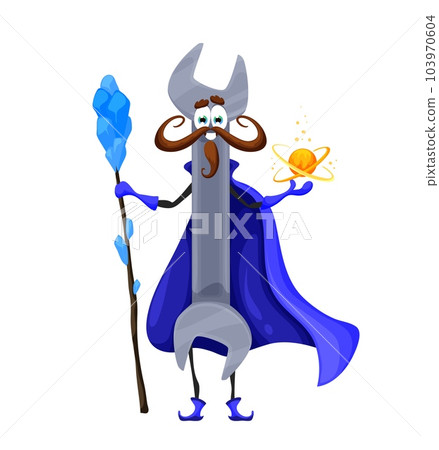 Cartoon Halloween wrench tool wizard character. Diy instrument hold staff and power ball. Vector funny smiling construction or fixing instrument personage dressed in warlock robe on holiday party 103970604