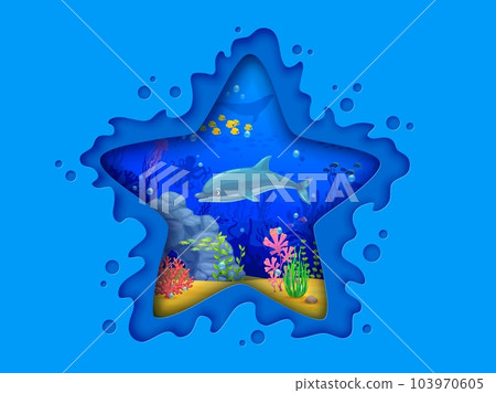Sea starfish paper cut shape with underwater landscape featuring variety of stunning marine life such as dolphin, whale, fish shoal, corals and seaweed inside of 3d vector frame with intricate details 103970605