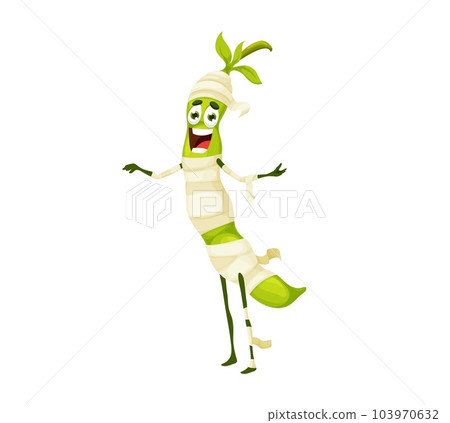 Cartoon halloween daikon mummy character. Funny vector vegetable dressed as monster wearing wrap costume, holding out arms with large smile on face. Isolated veggies spooky Hallowmas personage 103970632