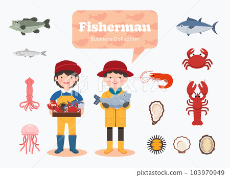 fisherman business job. Isolated worker people and seafood elements, Flat design vector illustration 103970949