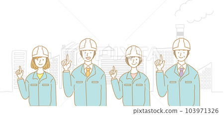 Illustration of men and women in work clothes raising their index fingers Illustration of men and women in work clothes raising their index fingers 103971326
