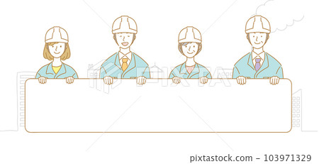 Illustration of a man and woman in work clothes holding a sign 103971329