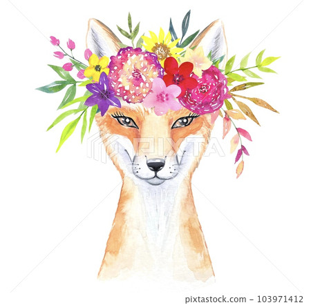 Fox with bright flowers on its head, watercolor Fox with bright flowers on its head, watercolor 103971412