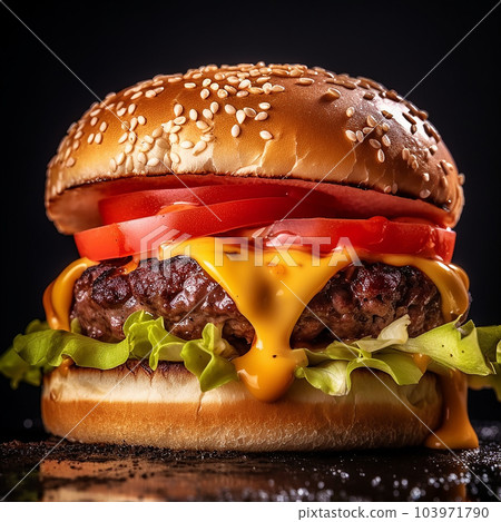 Juicy American burger, hamburger or cheeseburger with two beef patties, with sauce and basked on a black background. Concept of American fast food. Copy space Juicy American burger, hamburger or cheeseburger with two beef patties, with sauce and basked on a black background. Concept of American fast food. Copy space 103971790