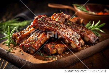 Succulent and tender pork ribs marinated in a savory blend of spices, then grilled and glazed with a sweet honey mixture 103971791