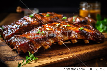 Succulent and tender pork ribs marinated in a savory blend of spices, then grilled and glazed with a sweet honey mixture Succulent and tender pork ribs marinated in a savory blend of spices, then grilled and glazed with a sweet honey mixture 103971792