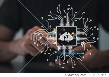 Virtual screen with cloud computing diagram displayed by a man. Cloud technology and networking concept. Laptop and server in the background symbolize digital innovation and information technology. Virtual screen with cloud computing diagram displayed by a man. Cloud technology and networking concept. Laptop and server in the background symbolize digital innovation and information technology. 103971954