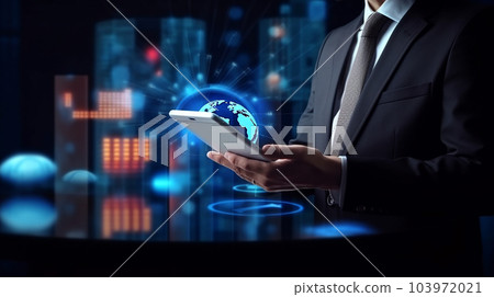 Businessman using tablet analyzing sales data and economic growth graph chart. Business strategy. Abstract icon. Digital marketing. Businessman using tablet analyzing sales data and economic growth graph chart. Business strategy. Abstract icon. Digital marketing. 103972021