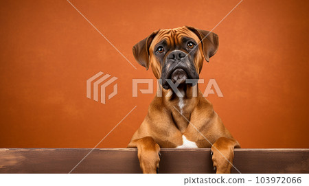 a cute brown boxer sitting in front of an empty poster with room for text, brown background a cute brown boxer sitting in front of an empty poster with room for text, brown background 103972066