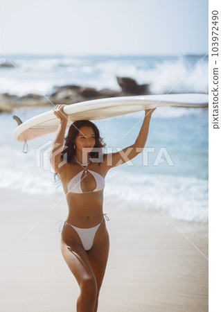 Best Day for Surfing and Summer Beach Relax for Stylish Surfer Bikini Girl Best Day for Surfing and Summer Beach Relax for Stylish Surfer Bikini Girl 103972490