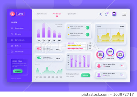 Neumorphic dashboard UI kit. Admin panel vector design template with infographic elements, HUD diagram, info graphics. Website dashboard for UI and UX design web page. Neumorphism style. 103972717