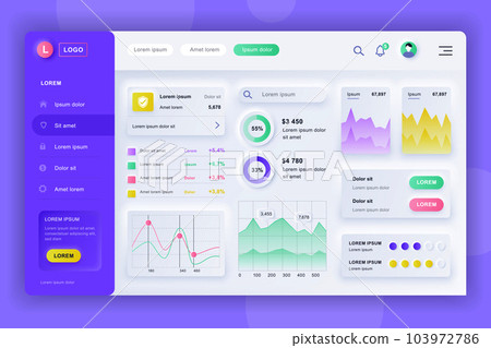 Neumorphic dashboard UI kit. Admin panel vector design template with infographic elements, HUD diagram, info graphics. Website dashboard for UI and UX design web page. Neumorphism style. 103972786