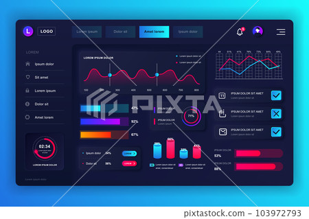 Neumorphic dashboard UI kit. Admin panel vector design template with infographic elements, HUD diagram, info graphics. Website dashboard for UI and UX design web page. Neumorphism style. 103972793