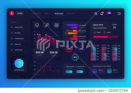 Neumorphic dashboard UI kit. Admin panel vector design template with infographic elements, HUD diagram, info graphics. Website dashboard for UI and UX design web page. Neumorphism style. 103972794