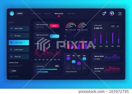 Neumorphic dashboard UI kit. Admin panel vector design template with infographic elements, HUD diagram, info graphics. Website dashboard for UI and UX design web page. Neumorphism style. 103972795