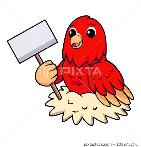Cute red suffusion lovebird cartoon holding blank sign 103973276