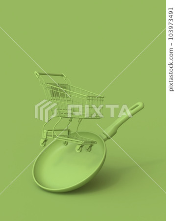 Green cooking pan and shopping cart 3D 103973491