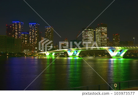 東京丰洲大橋燈火通明的夜景 東京丰洲大橋燈火通明的夜景 103973577