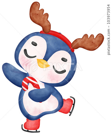 Cute happy mischievous Penguin skating watercolor hand painting cartoon animal character 103973954