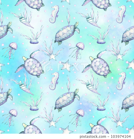 Watercolor ocean seamless pattern with turtles, jellyfish, seahorses, in purple and blue colors 103974104