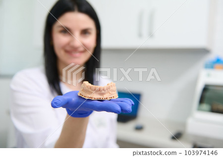 Details: gypsum mold of the human lower jaw and teeth in the hand of blurred smiling female dentist, dental technician in dentist's office. Dentistry. Dental practice. Dental prosthesis. Orthodontics 103974146