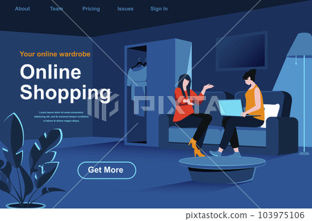 Online shopping isometric landing page. Women shopping with laptop on sofa at home website template. Online choosing and buying goods in internet marketplace perspective flat vector illustration. 103975106