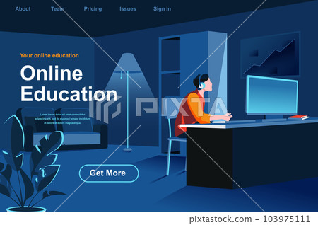 Online education isometric landing page. Man studying with computer at workplace website template. Distance learning, online webinar, courses and skill development perspective flat vector illustration Online education isometric landing page. Man studying with computer at workplace website template. Distance learning, online webinar, courses and skill development perspective flat vector illustration 103975111