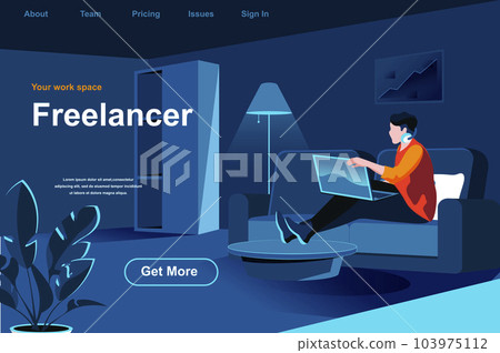 Freelance job isometric landing page. Young man working with laptop at home office website template. Remote work at company and self-employed occupation perspective flat design. Vector illustration. 103975112