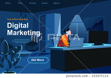 Digital marketing isometric landing page. Marketer working with computer in office website template. SMM and SEO technology, social media and web content promotion perspective flat vector illustration 103975114