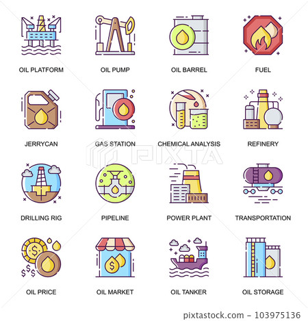 Oil industry flat icons set. Oil platform and pump, chemical analysis, power plant and pipeline, tanker transportation, drilling rig line pictograms for mobile app. Fuel production vector icon pack. 103975136