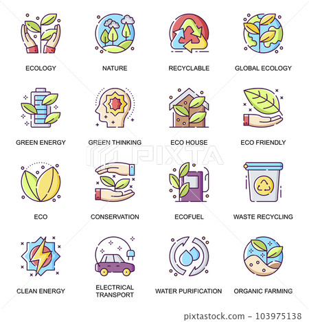Global ecology flat icons set. Waste recycling, water purification, clean green energy, organic farming, eco house, electrical transport line pictograms for mobile app. Eco friendly vector icon pack. Global ecology flat icons set. Waste recycling, water purification, clean green energy, organic farming, eco house, electrical transport line pictograms for mobile app. Eco friendly vector icon pack. 103975138
