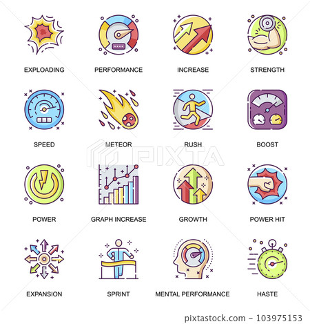 Mental performance flat icons set. Power hit, boost and rush, exploding and increase, expansion and growth, speed and power line pictograms for mobile app. Efficiency improvement vector icon pack. Mental performance flat icons set. Power hit, boost and rush, exploding and increase, expansion and growth, speed and power line pictograms for mobile app. Efficiency improvement vector icon pack. 103975153