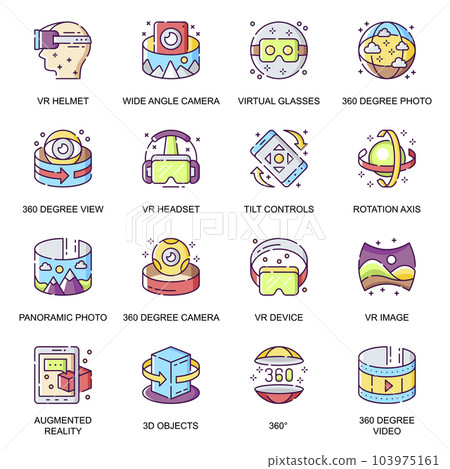Virtual reality flat icons set. Wide angle camera, VR headset, 360 degree view, panoramic photo, tilt control and rotation axis line pictogram for mobile app. Innovation entertainment vector icon pack Virtual reality flat icons set. Wide angle camera, VR headset, 360 degree view, panoramic photo, tilt control and rotation axis line pictogram for mobile app. Innovation entertainment vector icon pack 103975161