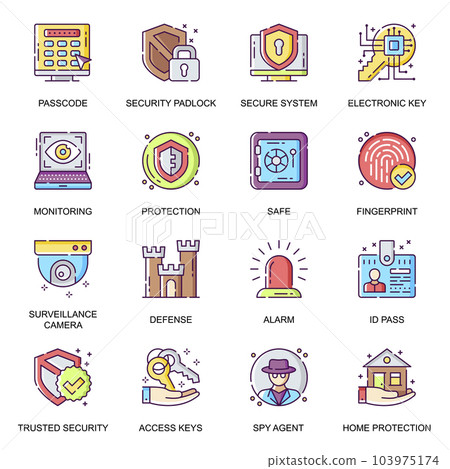 Security system flat icons set. Electronic key, surveillance camera and fingerprint, detecting and monitoring, id pass, safe, spy agent line pictograms for mobile app. Home protection vector icon pack 103975174