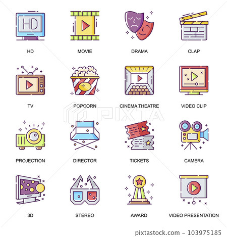 Cinema entertainment flat icons set. Video presentation, 3D and stereo movie, cinema theater, popcorn and tickets, HD movie and award line pictograms for mobile app. Video production vector icon pack. Cinema entertainment flat icons set. Video presentation, 3D and stereo movie, cinema theater, popcorn and tickets, HD movie and award line pictograms for mobile app. Video production vector icon pack. 103975185