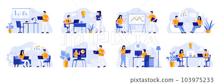 Business meeting scenes bundle with people characters. Manager making presentation, teamwork of colleagues in company situations. Corporate partnership and leadership flat vector illustration Business meeting scenes bundle with people characters. Manager making presentation, teamwork of colleagues in company situations. Corporate partnership and leadership flat vector illustration 103975233