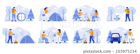 Camping scenes bundle with people characters. Mushroom hunting, traveling with backpack and camping tent, marshmallow roasting on campfire, fishing situations. Summer camping flat vector illustration. 103975234